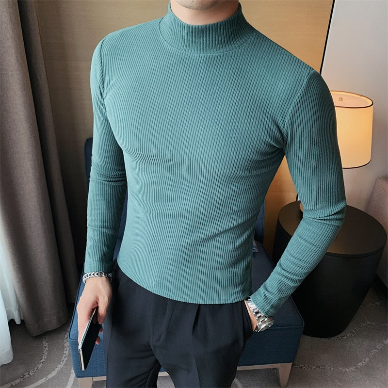Antonios Hombre Slim Fit Sweater in green, ribbed pattern, long sleeves, high neck, casual elegant style.