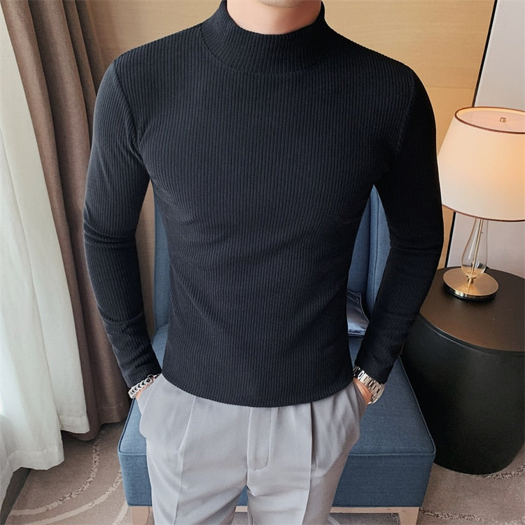 Antonios Hombre Slim Fit Sweater in black with striped pattern, warm and breathable design for men.