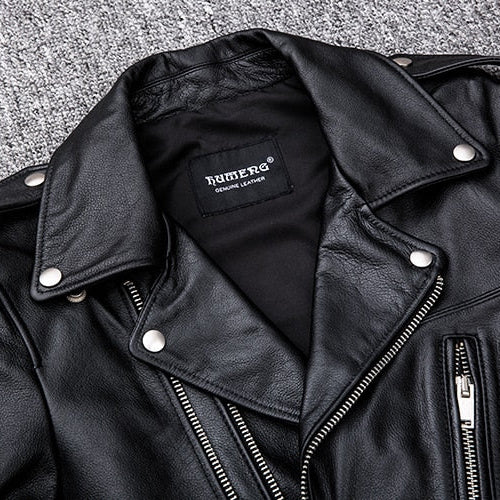 Antonios Geanuine Leather Jacket in black with zippers and buttons.