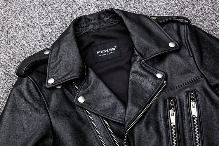 Antonios Geanuine Leather Jacket in black with zippers and buttons.