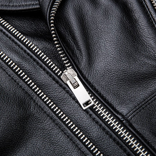 Antonios Genuine Leather Jacket zipper detail in black leather.