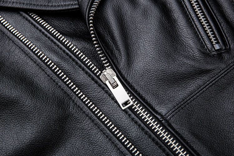 Antonios Genuine Leather Jacket zipper detail in black leather.