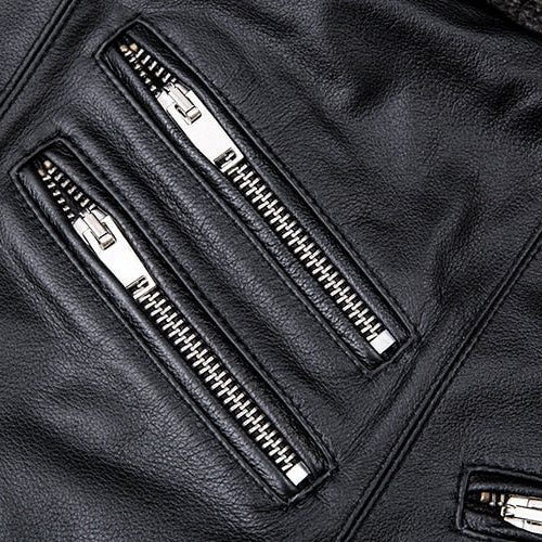 Antonios Genuine Leather Jacket with shiny black leather and metal zippers, suitable for all seasons.