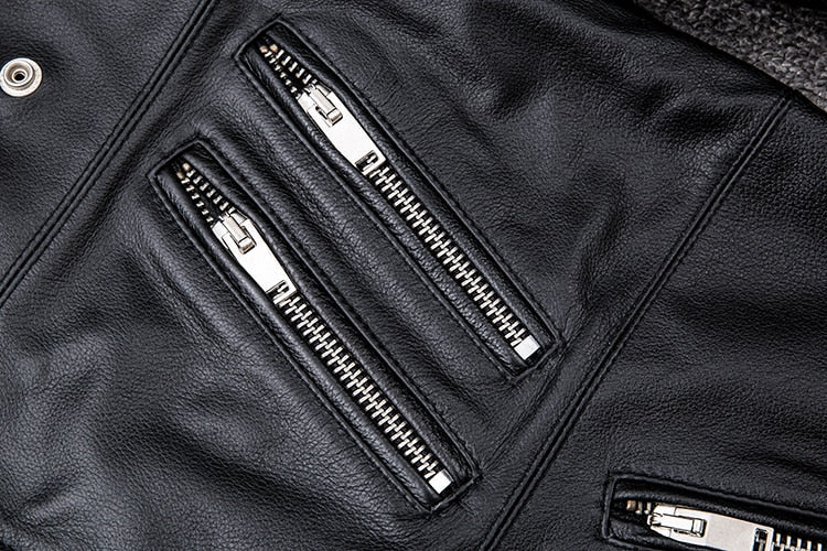 Antonios Genuine Leather Jacket with shiny black leather and metal zippers, suitable for all seasons.