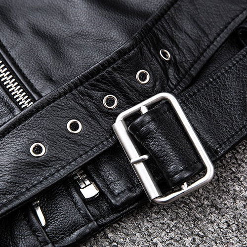 Antonios Genuine Leather Jacket belt detail, black leather with metal buckle and zippers.
