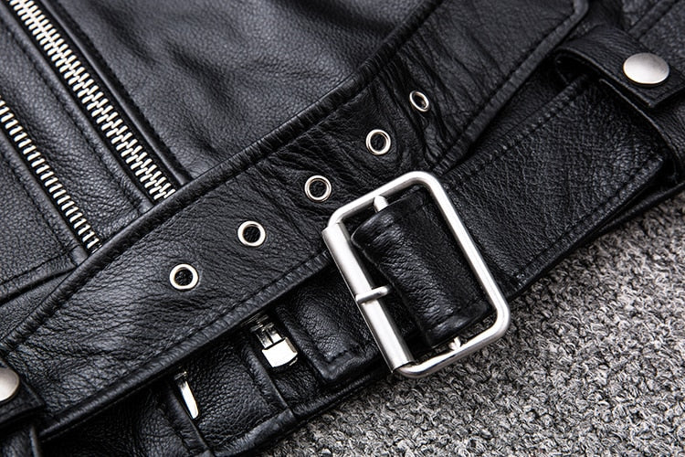 Antonios Genuine Leather Jacket belt detail, black leather with metal buckle and zippers.