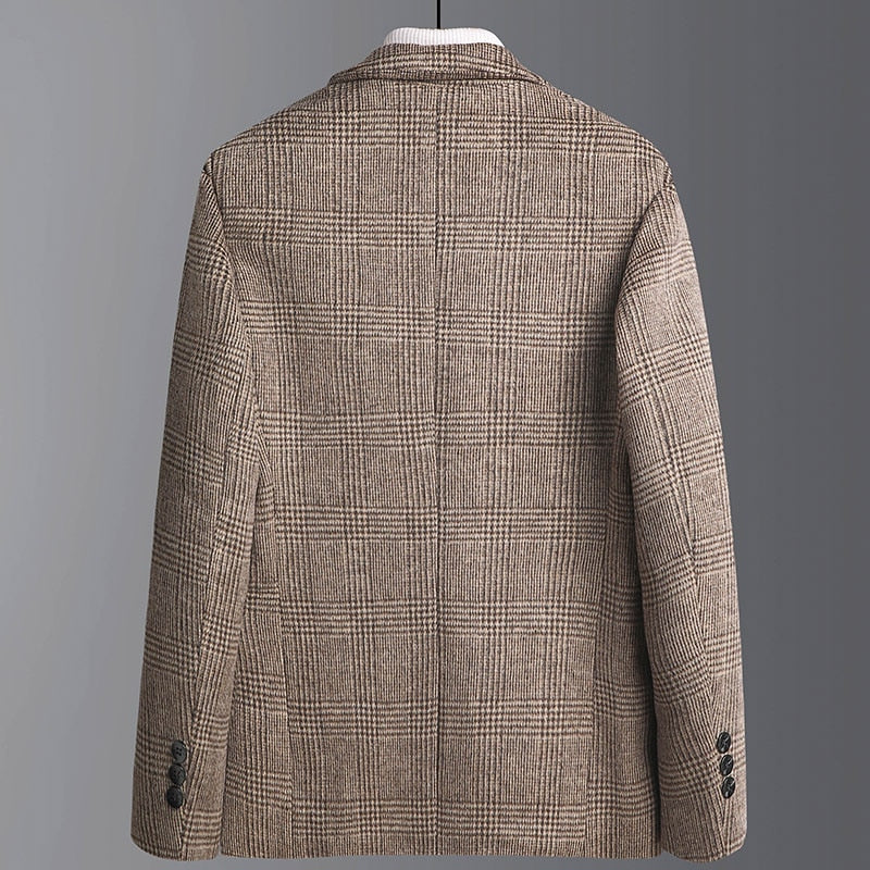 Antonios Plaid Pattern Men Blazer in Camel woolen fabric, back view.