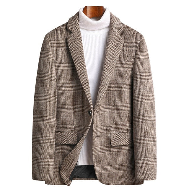 Antonios Plaid Pattern Men Blazer in woolen fabric, camel color, ideal for spring and autumn.