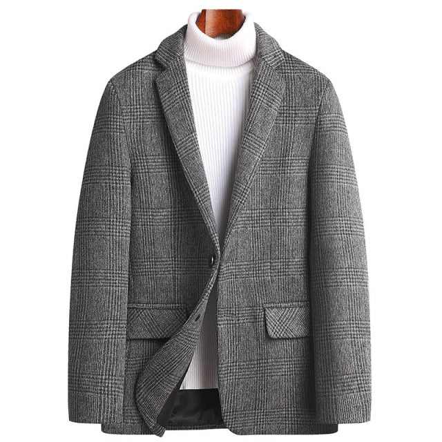 Plaid pattern men’s blazer in gray, casual woolen fabric, perfect for spring and autumn.