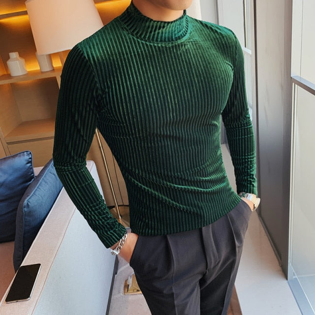Men's striped dark green velvet sweater, long-sleeved, Antonios Velvet Winter Sweater.