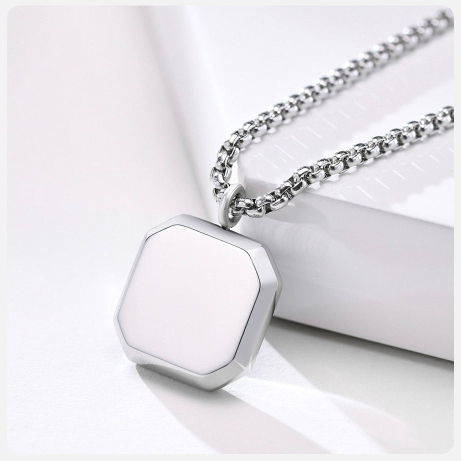 Antonios Rubin Stainless Steel Necklace for Men in polished silver finish with hexagonal pendant.
