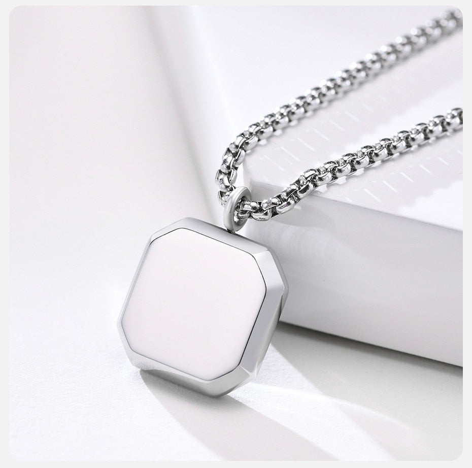 Antonios Rubin Stainless Steel Necklace for Men in polished silver finish with hexagonal pendant.
