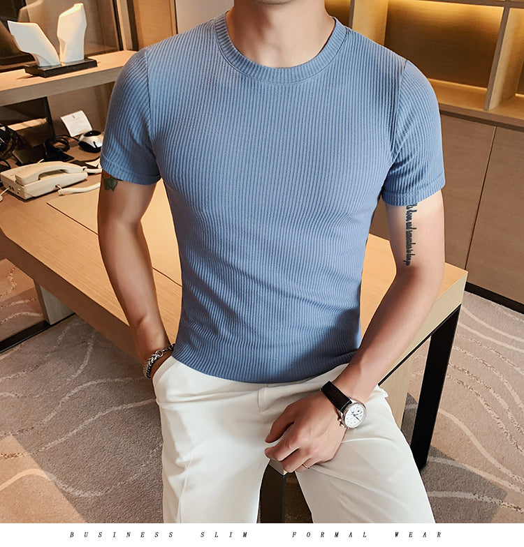 Men's spring slim fit t-shirt in blue with solid-stripe pattern, 100% cotton.