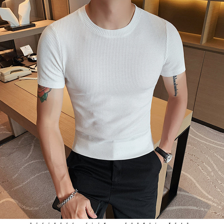 Spring slim fit T-shirt in white cotton fabric featuring solid-stripe pattern, perfect for a casual summer look.