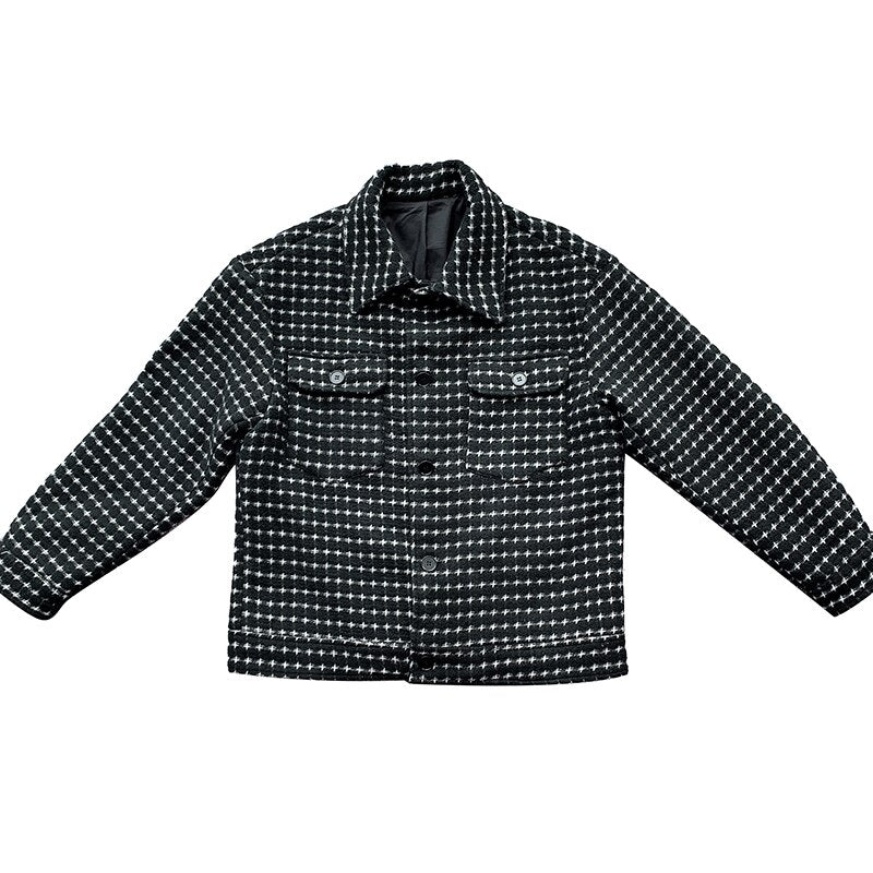 Antonios Spring Woolen Jacket, casual elegant style, black and white check pattern, suitable for all seasons.