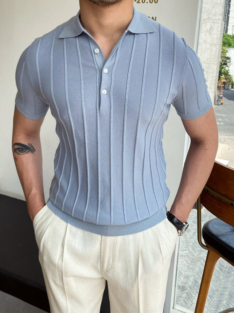 Blue slim-fit, short-sleeve t-shirt for men, featuring a solid pattern suitable for casual summer wear.