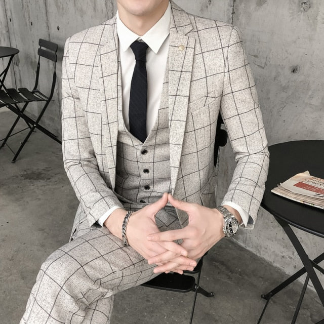 Slim-Fit Plaid Pattern 3 Piece Suit in elegant beige design for men.