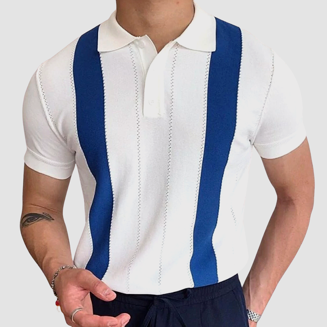 Paolo Striped Polo T-Shirt in white and blue, organic cotton, casual style.