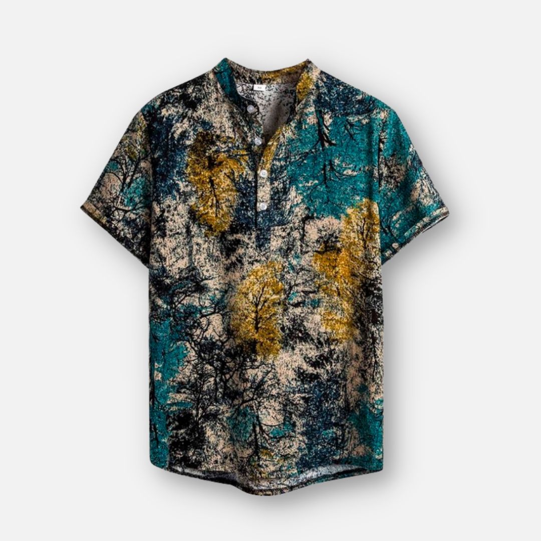 Antonios Casual Hawaiian Short-Sleeve Shirt in printed linen fabric.