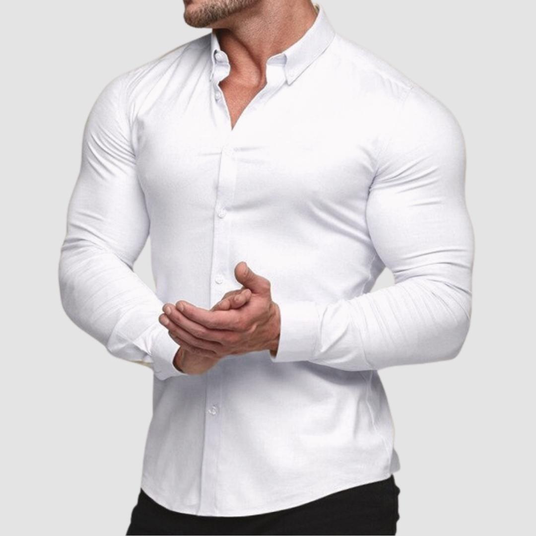 AntoniosClothing Cotton Elastic Long Sleeve Shirt Muscular-Fit in white, smart casual style, solid pattern.