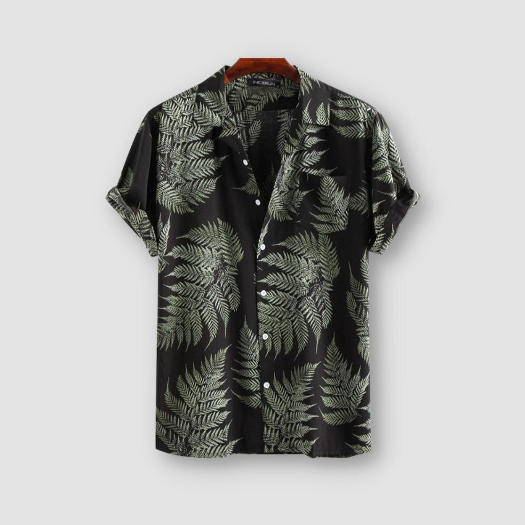 Antonios Palmier Shirt with palm leaf print in black, featuring a gradient design, short sleeves, and button-down style.