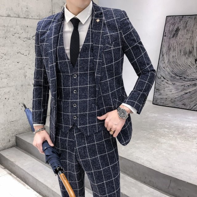 Slim - Fit Plaid Pattern 3 Piece Suit - Antonios