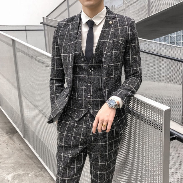 Slim - Fit Plaid Pattern 3 Piece Suit - Antonios