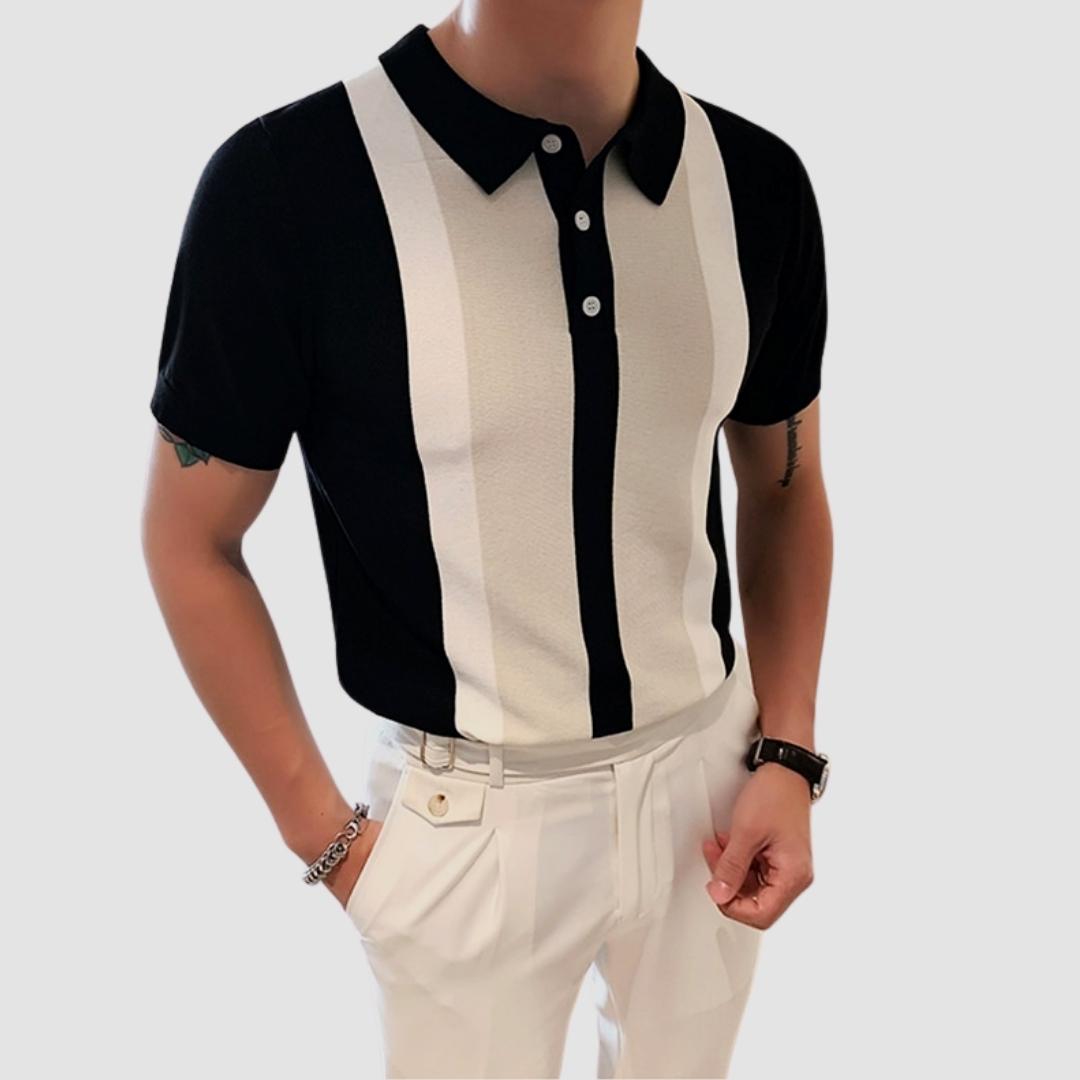 Summer striped polo shirt in organic cotton, featuring a simple black and white design for a smart casual look.