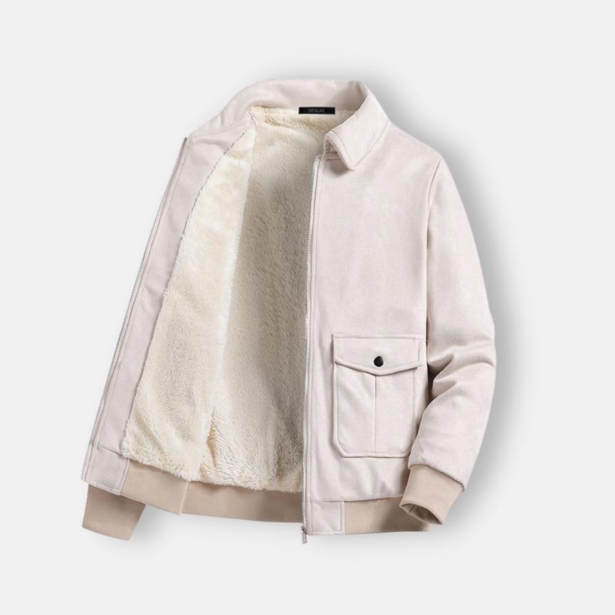 Antonios Suede Winter Fur Jacket for men in ecological suede leather with fur lining, displayed in an open view.