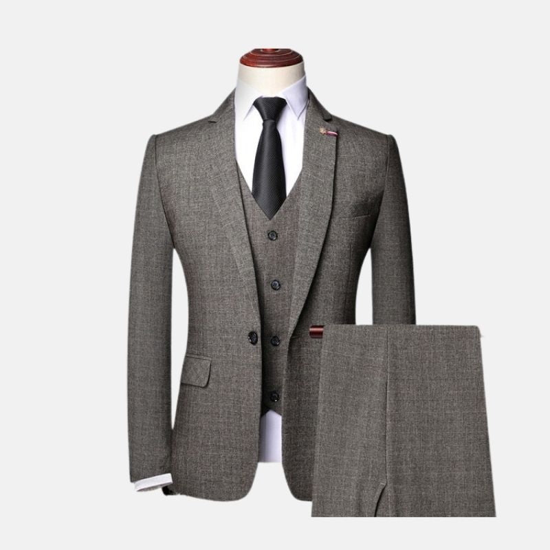 Gentleman Business 3 piece suit with blazer, vest, and pants in gray, ideal for formal events.