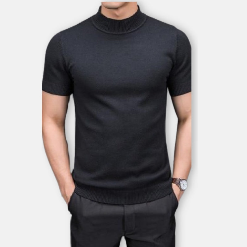 Antonios Semi-High Collar Sweater in black, featuring a solid pattern and designed for warmth and style.