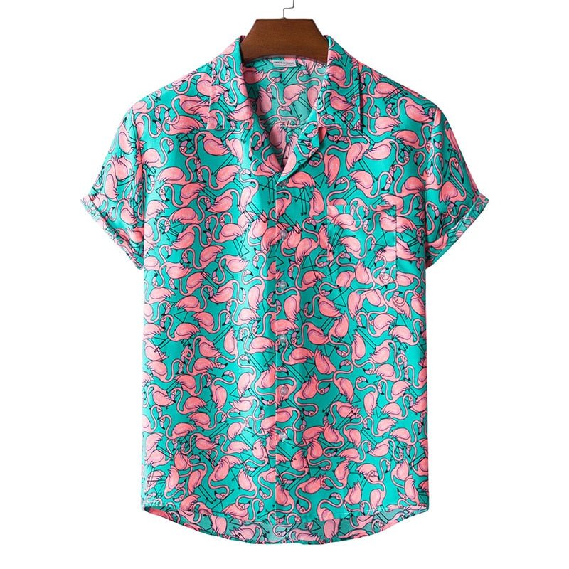 Turquoise-Pink Hawaiian Floral Print Short Sleeve Shirt - Antonios