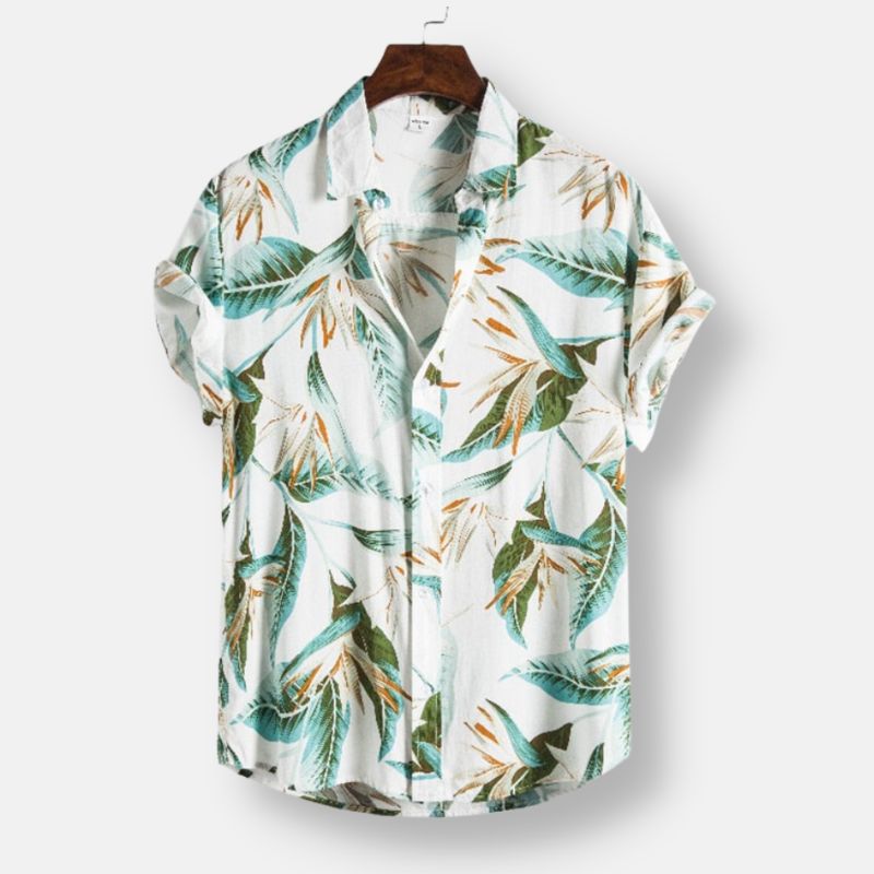 White Hawaiian floral print short sleeve shirt for men, casual spring/summer wear.