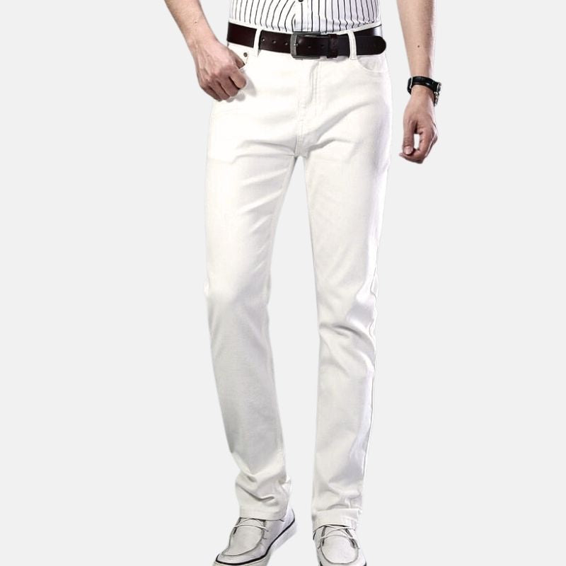 Antonios Business Casual White Jeans for men, relaxed fit, elastic cotton denim, perfect for smart casual style.