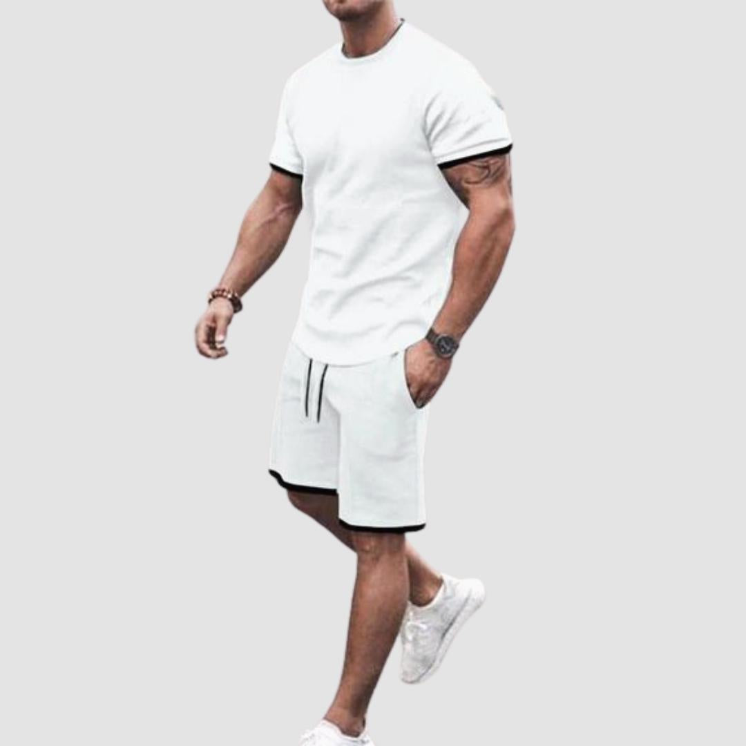 AntoniosClothing white casual summer set, 2-piece mesh tracksuit with t-shirt and shorts, breathable and stylish.