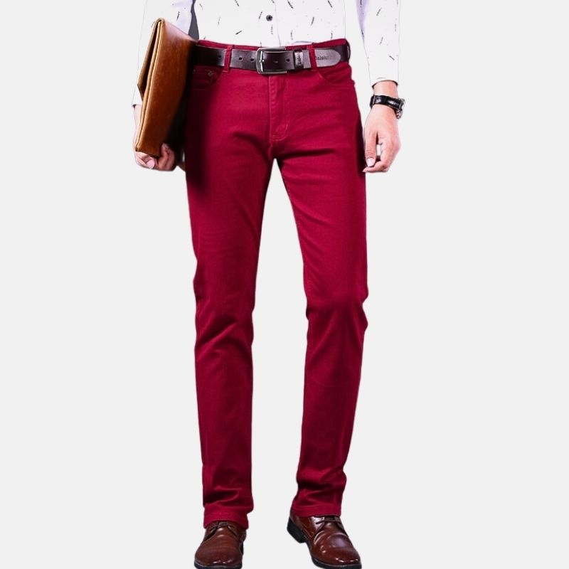 Antonios Business Casual Wine Red Jeans for men, relaxed fit with elastic denim.