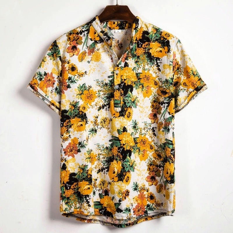 Yellow Hawaiian Floral Print Short Sleeve Shirt - Antonios