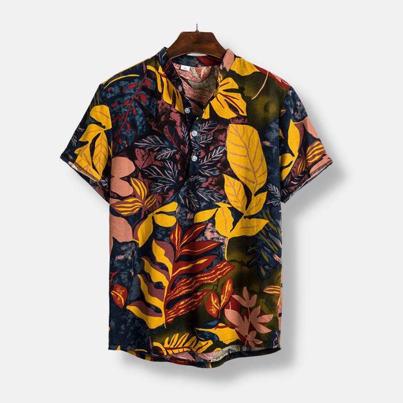 Yellow Hawaiian floral print short sleeve shirt with linen fabric for summer comfort.