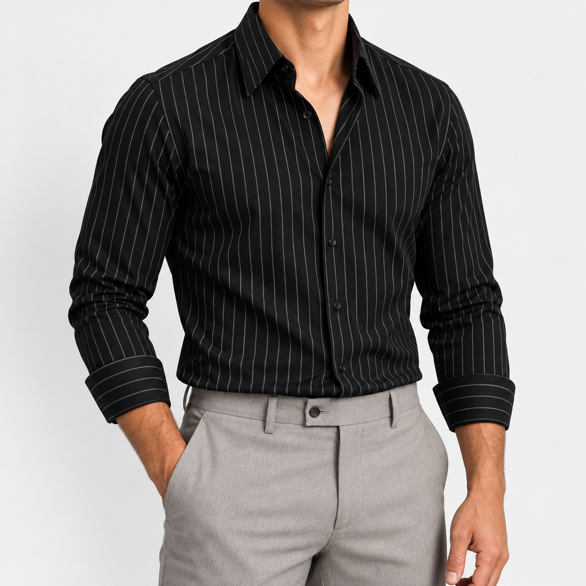 Men's Lyocell-Linen Pinstripe Long-Sleeve Shirt — Black, worn by a model
