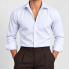 Men's Stretch Stripe Spread-Collar Dress Shirt — White, worn by a model