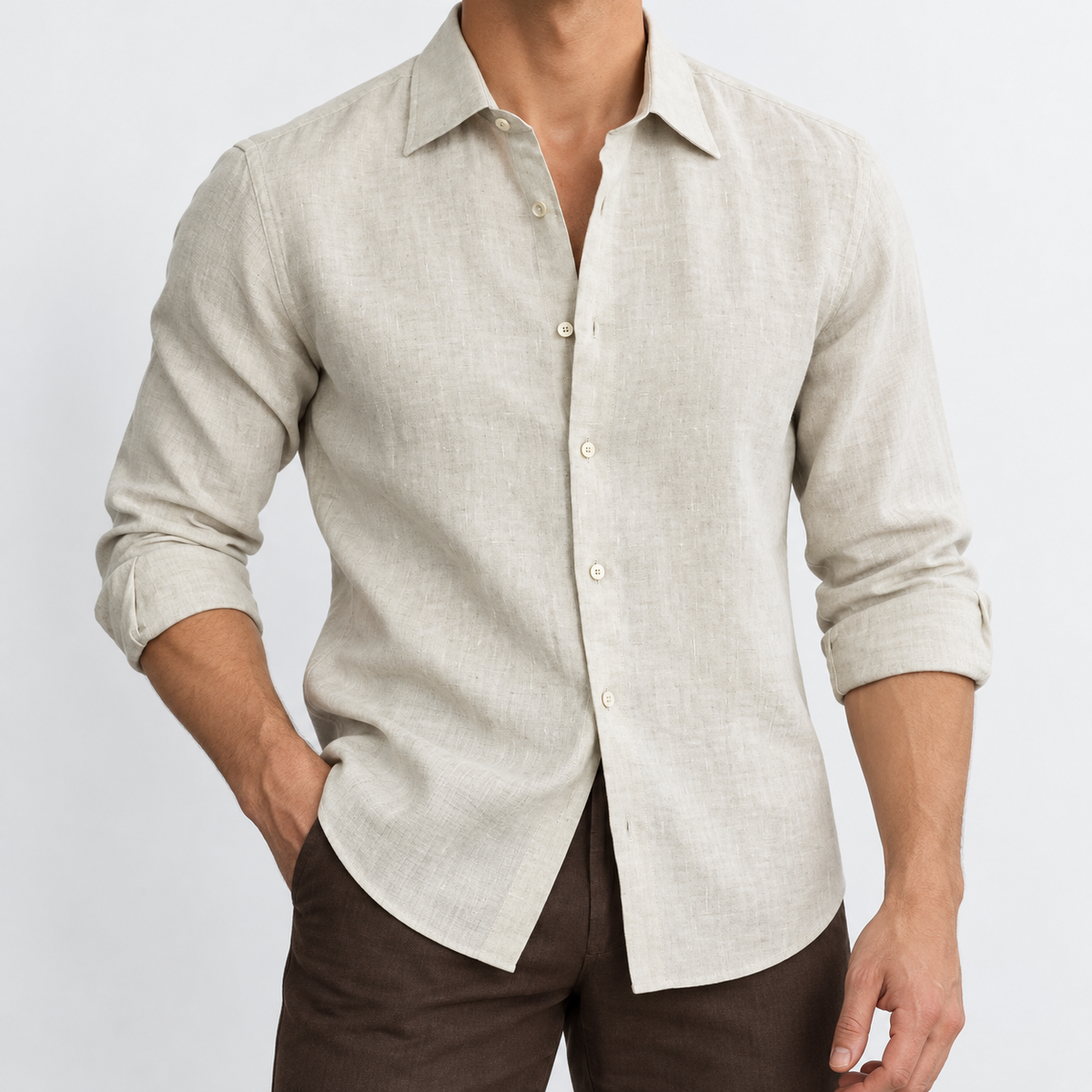 Men's Linen Long-Sleeve Shirt with Pointed Collar — Beige, worn by a model