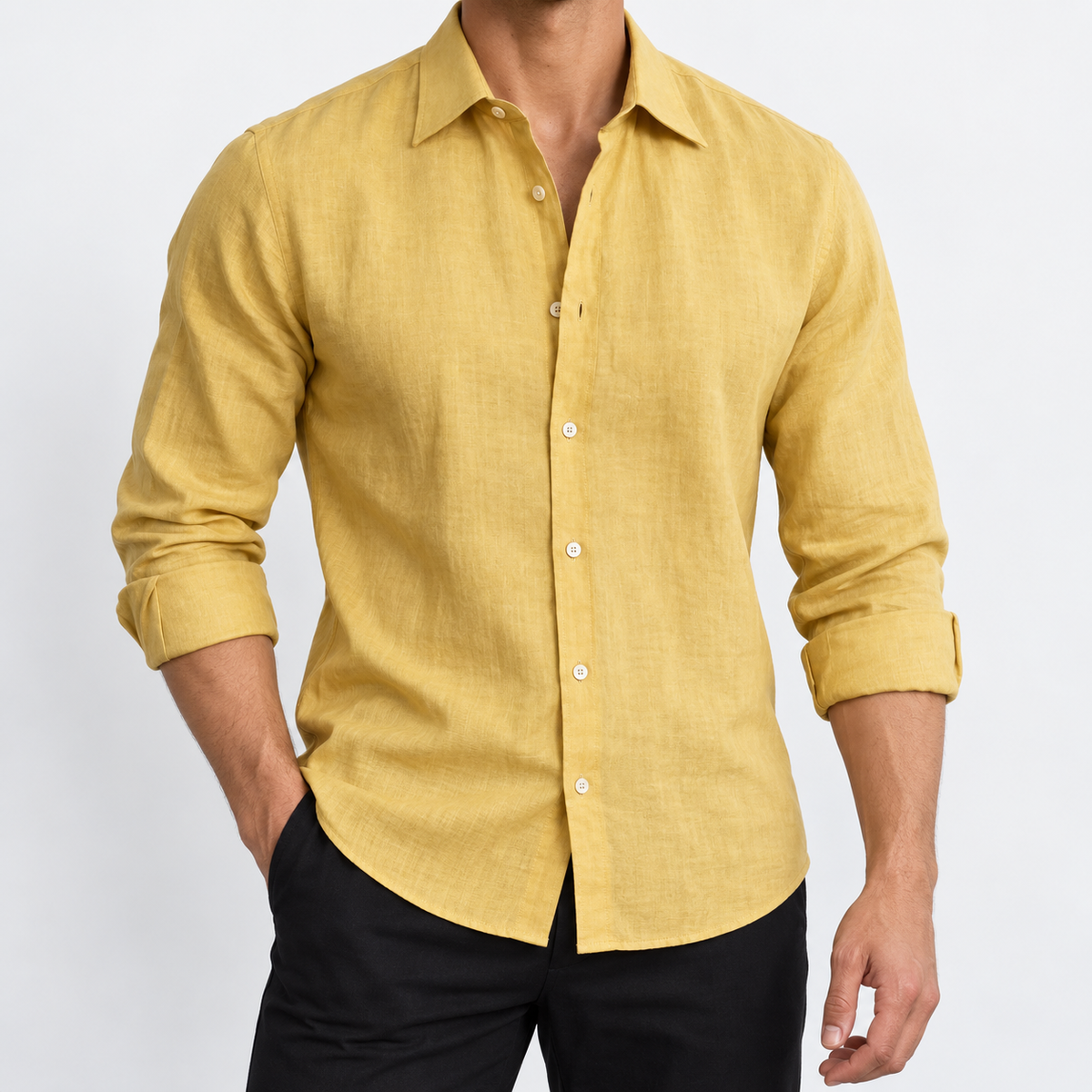 Men's Linen Long-Sleeve Shirt with Pointed Collar — Gold, worn by a model