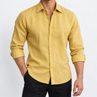 Men's Linen Long-Sleeve Shirt with Pointed Collar — Gold, worn by a model