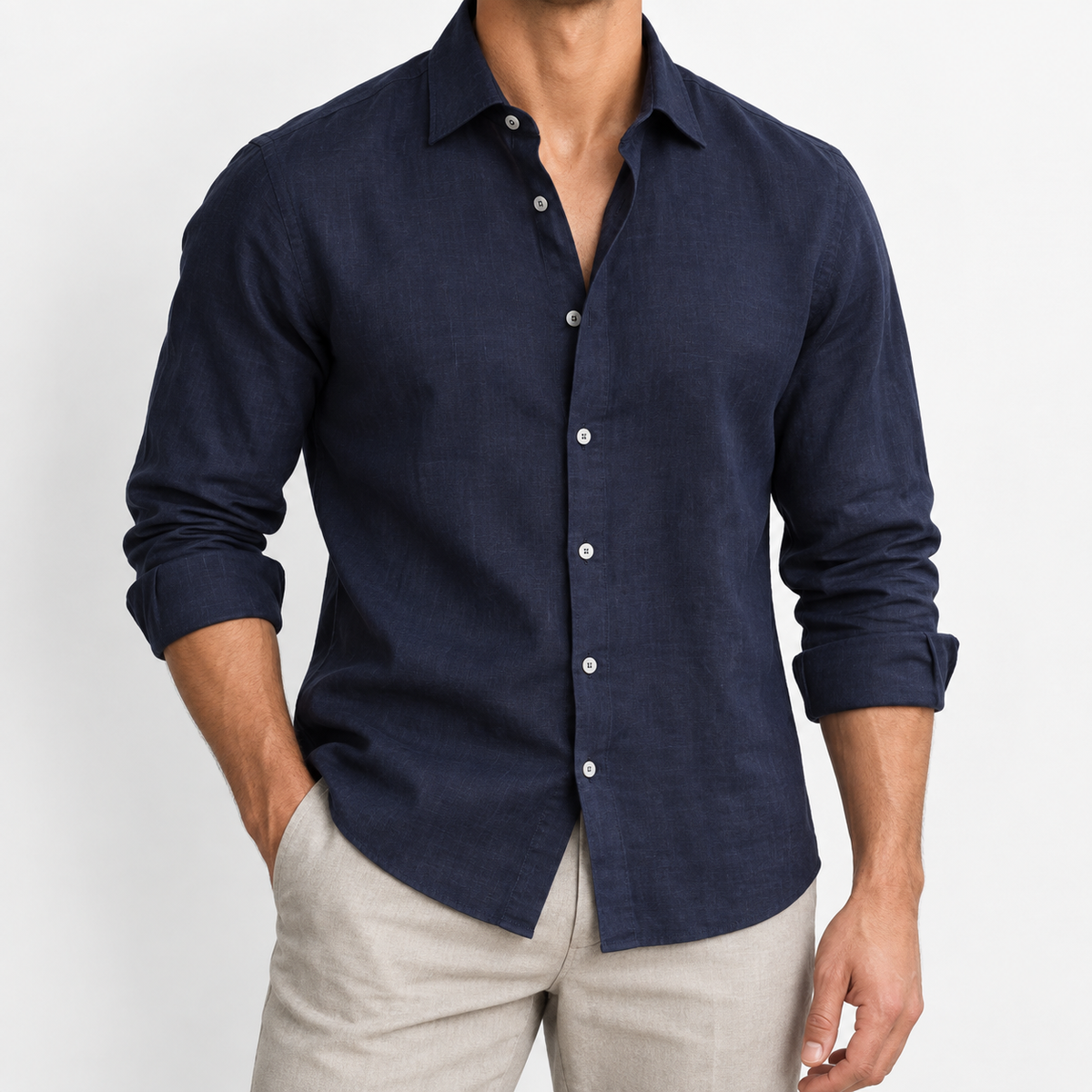 Men's Linen Long-Sleeve Shirt with Pointed Collar — Navy Blue, worn by a model