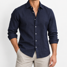 Men's Linen Long-Sleeve Shirt with Pointed Collar — Navy Blue, worn by a model