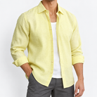 Men's Linen Long-Sleeve Shirt with Pointed Collar — Yellow, worn by a model