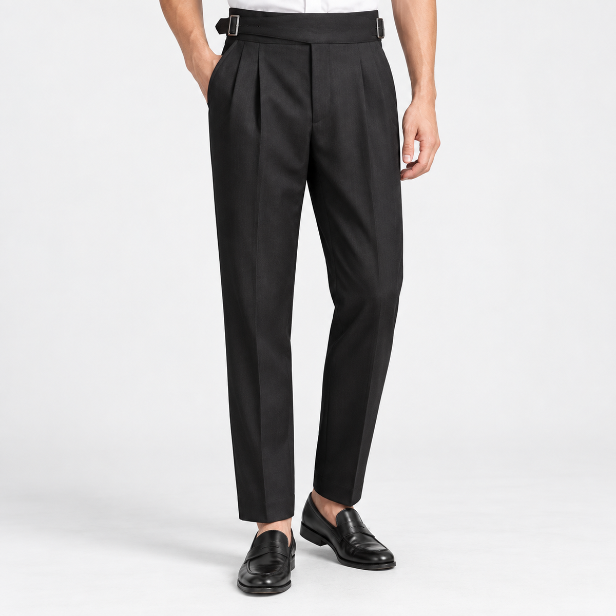 Men's High-Rise Pleated Trousers with Side Adjusters — Black, worn by a model