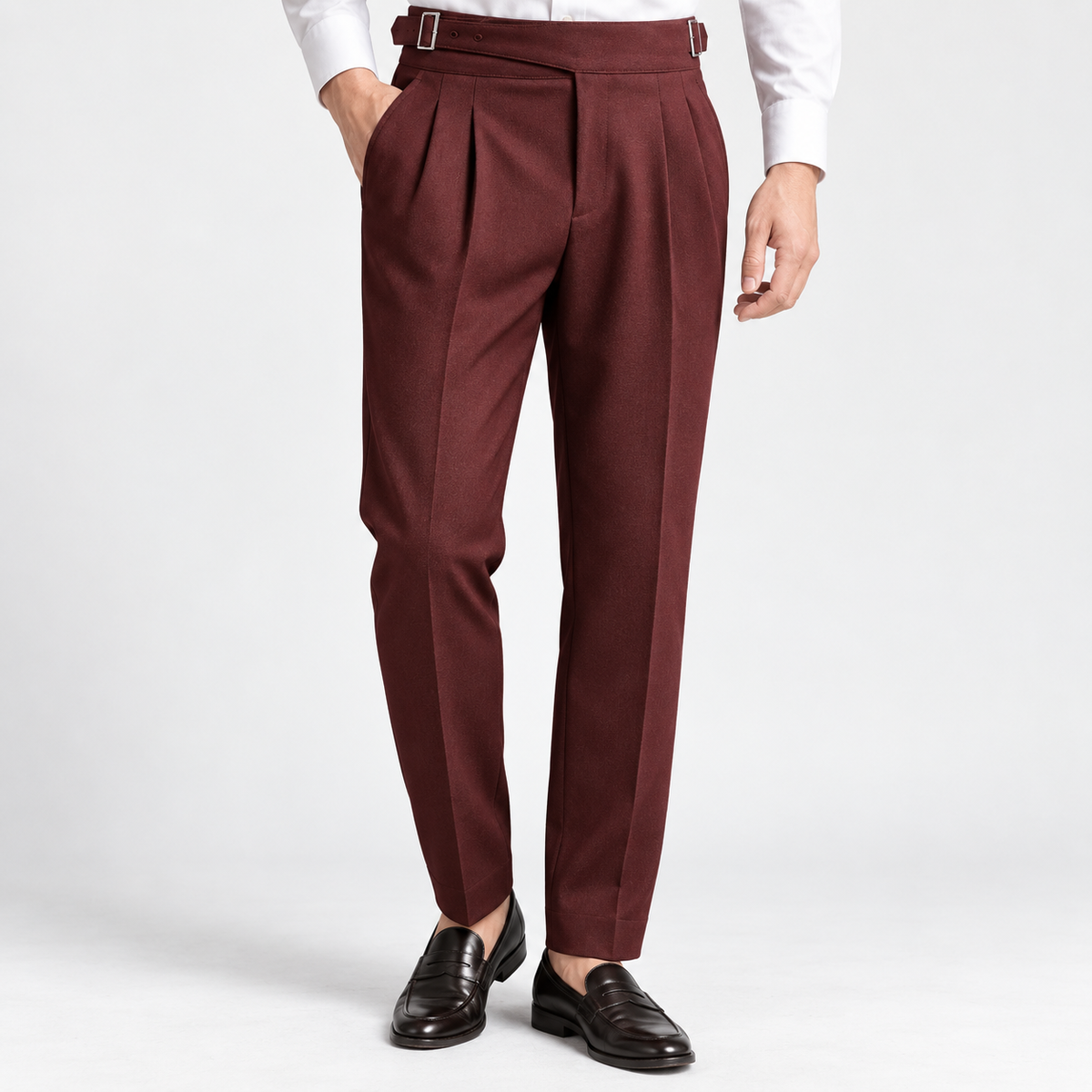 Men's High-Rise Pleated Trousers with Side Adjusters — Burgundy, worn by a model