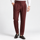 Men's High-Rise Pleated Trousers with Side Adjusters — Burgundy, worn by a model