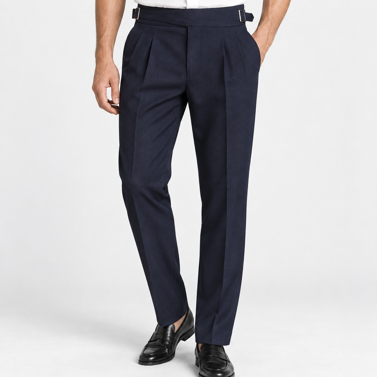 Men's High-Rise Pleated Trousers with Side Adjusters — Navy Blue, worn by a model